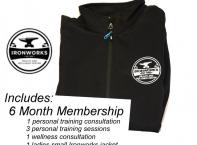 6 month membership to Ironworks, includes 1 personal training consultation, 3 personal training sessions, 1 wellness consultation; and a ladies small Ironworks jacket (expires March 31, 2024)