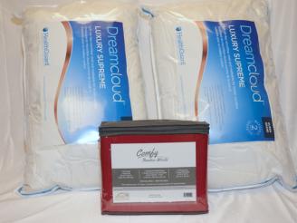  2 DreamCloud queen size pillows + red queen  sheet set from Goldilocks Mattress Wareh.