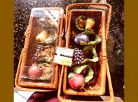 Napkin Holders in Wicker Baskets. Two sets of colorful, beautiful, fruits shaped NAPKIN RINGS, 4 in each set.