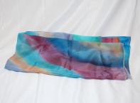 1 multi-coloured hand-painted artisan square scarf. 100% silk. Colours: blue, green, purple, grey, orange soft stripes. Dimensions: about 90 cm (3ft) x 90 cm (3ft)