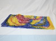1 multi-coloured hand-painted artisan square scarf. 100% silk. colours: ochre/yellow, res, blue, purple, gold. dimensions: about 50 cm x 50 cm.