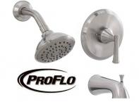 A Proflo Single Handle Tub and Shower Trim Kit (Willett Series)
with slip fit tub spout
Shower Head with easy clean rubber nozzles
Brass shower arm and flange 
Model # PF2830G