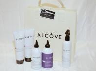 ALCOVE hair product extravaganza - Hydrating Conditioner ( 300 mL),  Hydrating Shampoo (300 mL, Restructuring Mask (250 mL), Multimasking Mist (250 mL),, Curl Activator (250 mL) and an Alcove carrying bag.