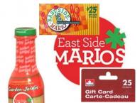 $25 East Side Mario's gift card, 
$25 Petro Canada gift card,
1 bottle East Side Mario's signature salad dressing