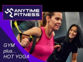  $100 Gift Card for a hot yoga session + guest + 1 free workout at Anytime Fitness, BG.