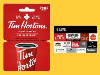  $ 25 Tim Hortons Card & $ 25 Ultimate Dining Card from Slip No More, Sarnia.