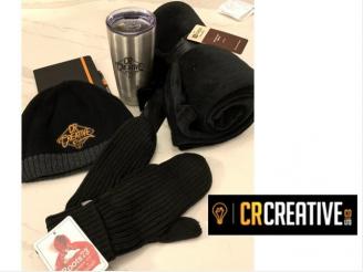 Collection of CR swag - toque, throw, mittens, mug. notebook from CR Creative Company.
