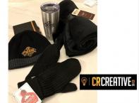 Collection of CR creative swag: touque, comfy throw, 2 pair mittens, insulated mug, notebook