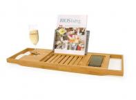 Bios Living Bamboo Bathtub Caddy - Features 3 convenient notches built into the caddy to allow for a variety of reading positions, a wine glass holder for your favourite beverage and phone holder on the side that can be used for a variety of different things; candles, soap, etc.